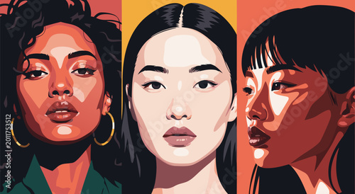 Quadro su tela Diverse female portraits vector illustration featuring a trio of women from diff