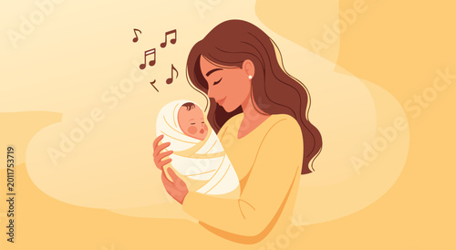 Schilderij op canvas Loving mother tenderly sings a soothing lullaby to her newborn baby, a heartwarm