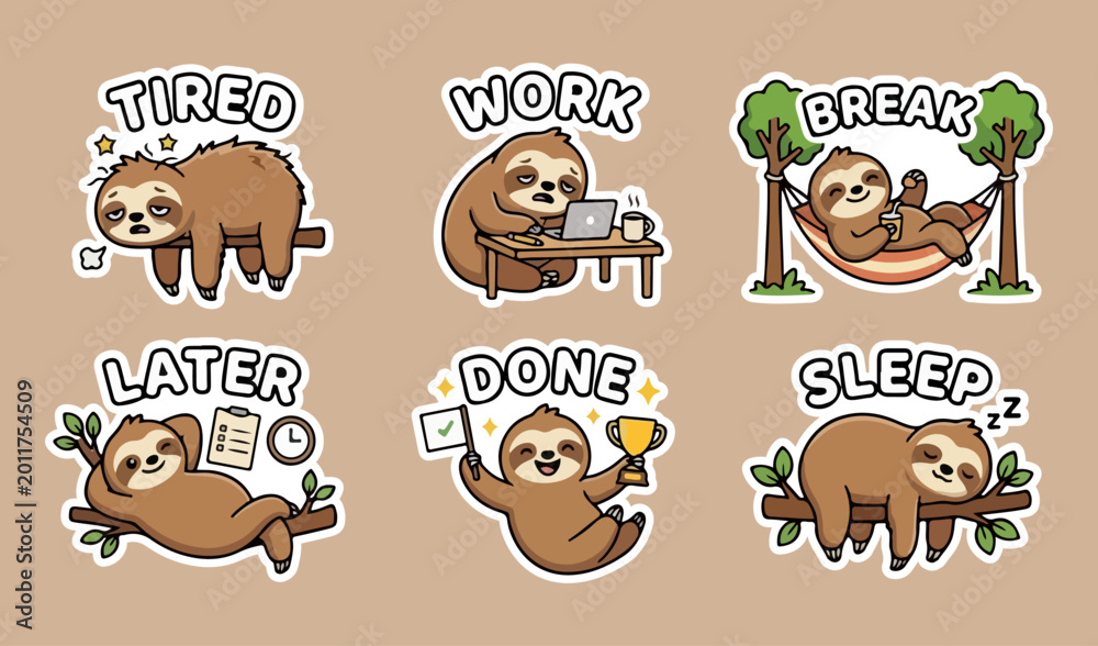 Fototapeta premium Cute Sloth Expression Sticker Lazy Sleep Cartoon