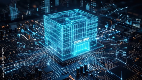 Futuristic Digital Bank Ecosystem with Glowing Lines on a Microchip Symbolizing Financial Innovation