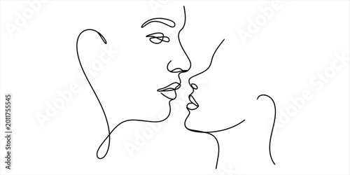 Quadro su tela Continuous one line drawing of a loving couple face to face about to kiss repres