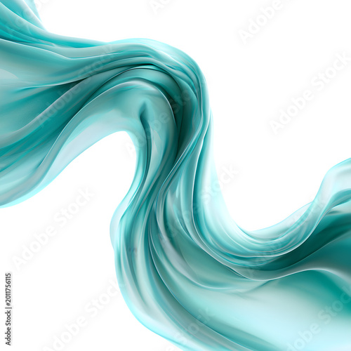 Elegant flowing turquoise silk fabric wave with smooth folds isolated on white background