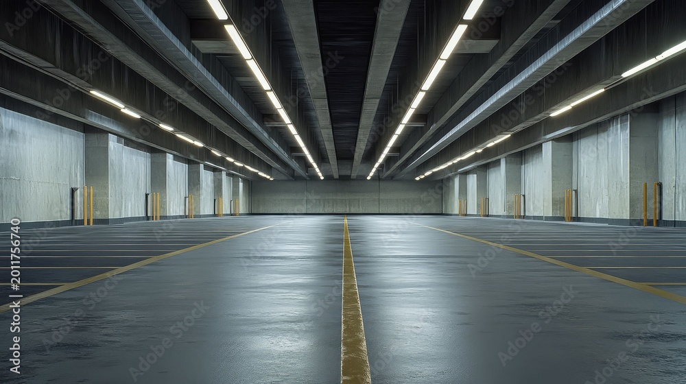 Naklejka premium Large empty underground parking garage with concrete pillars, fluorescent strip lights and yellow line markings on a wet dark floor, minimalist industrial urban interior space