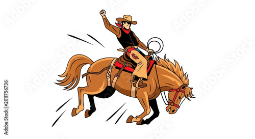 Foto Cowboy Riding Brown Horse Fast Motion.
