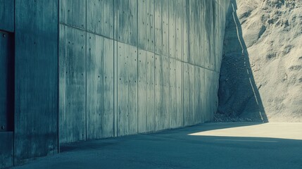 Concrete wall slicing across gravel terrain, casting a strong diagonal shadow that highlights minimalist modern architecture, rough texture, geometric lines, and empty urban space