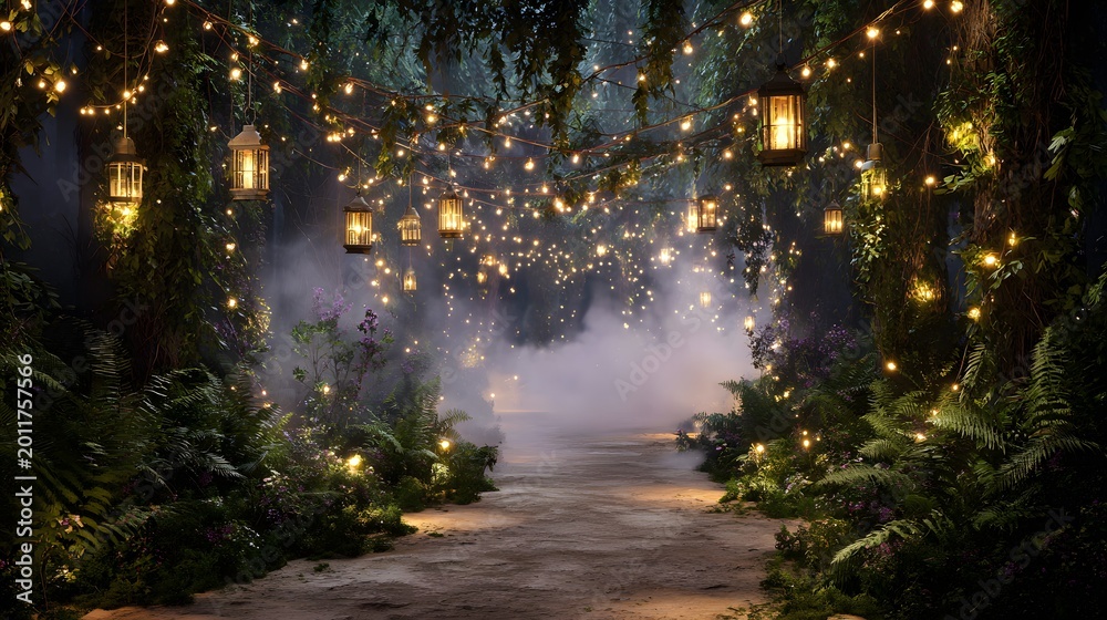 Obraz premium Enchanted forest path at night with hanging lanterns and glowing fairy lights in misty atmosphere