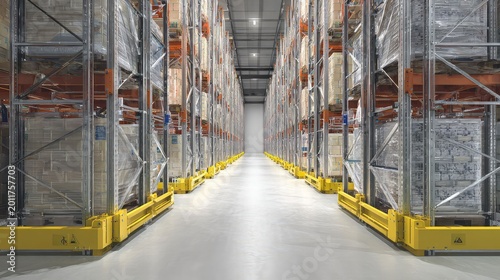 Empty warehouse aisle framed by tall racking loaded with pallets and boxes, showcasing modern logistics, organized inventory, efficient supply chain and distribution operations