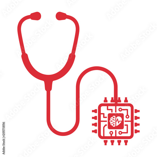 Billede på lærred Red stethoscope connected to microchip with brain icon stethoscope healthcare me