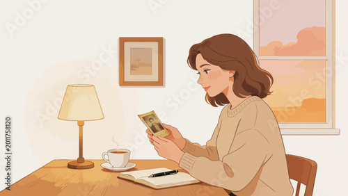 Woman holding photo at table with cup