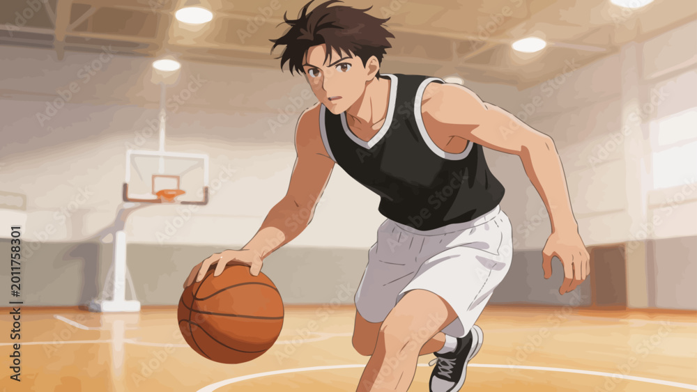 Naklejka premium Basketball player dribbling in gym