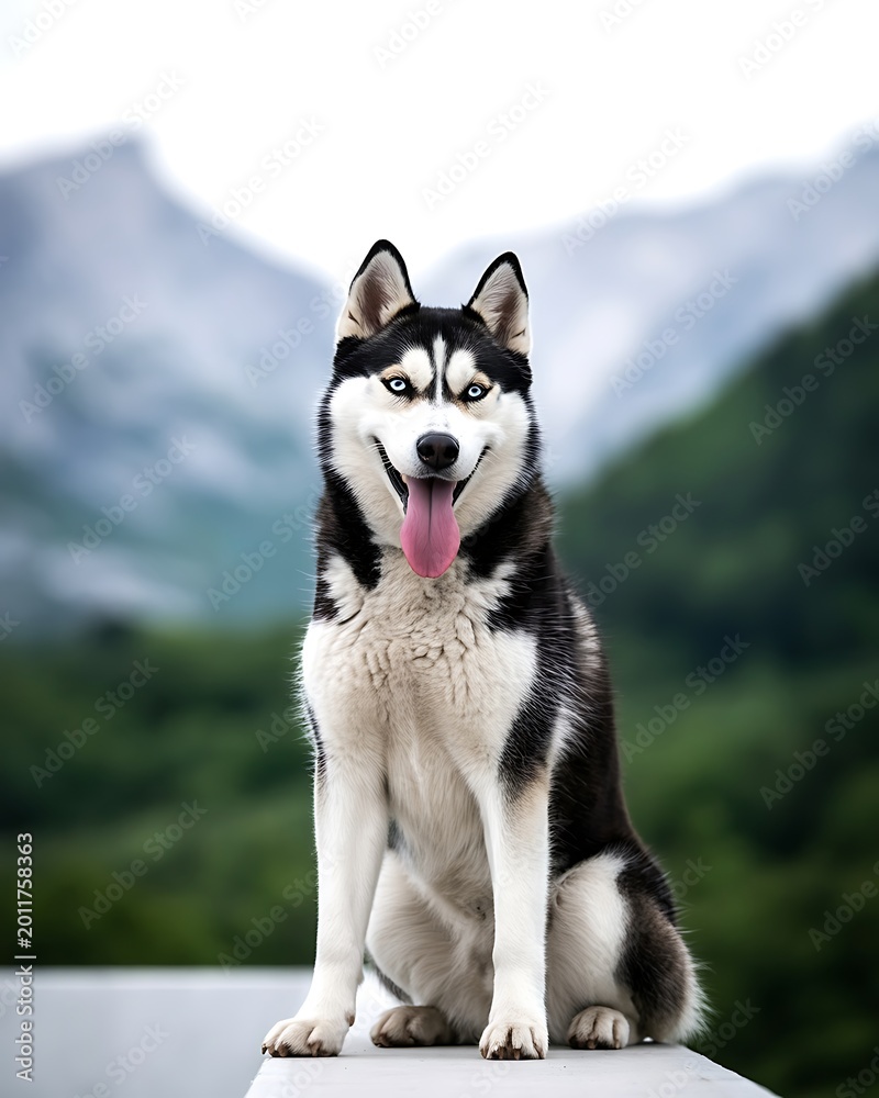 Obraz premium Siberian Husky Sitting on Concrete in Front of Mountains