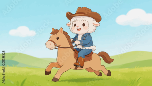 Foto Cartoon sheep riding horse