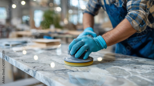 craftsman in gloved working on a marble surface with a polishing tool in a workshop, copy space