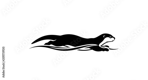 Stylized Silhouette of an Otter Swimming in Water, Black and White Illustration