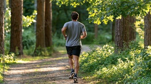 Man jogs through sunlit forest path