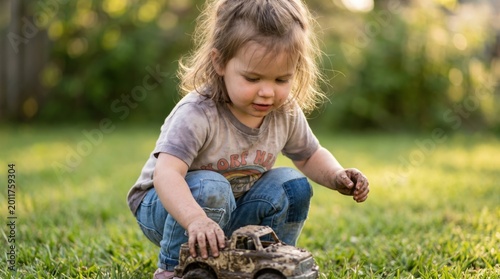 Little girl playing outdoors with her toy pickup truck