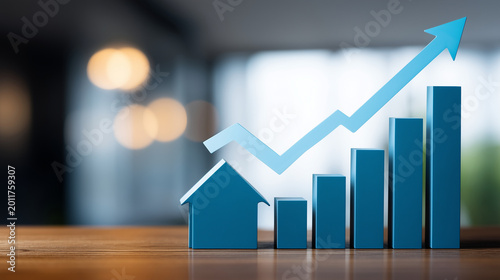 Bright upward real estate value chart showing significant increase in property prices and steady housing market growth, rental yields and capital appreciation metrics with organize