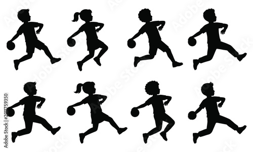Set of silhouettes of children running with balls in dynamic sports poses for athletic activity