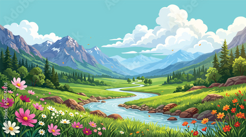 Obraz na plátně Cartoon alpine meadow with a flowing river mountains wildflowers landscape peace