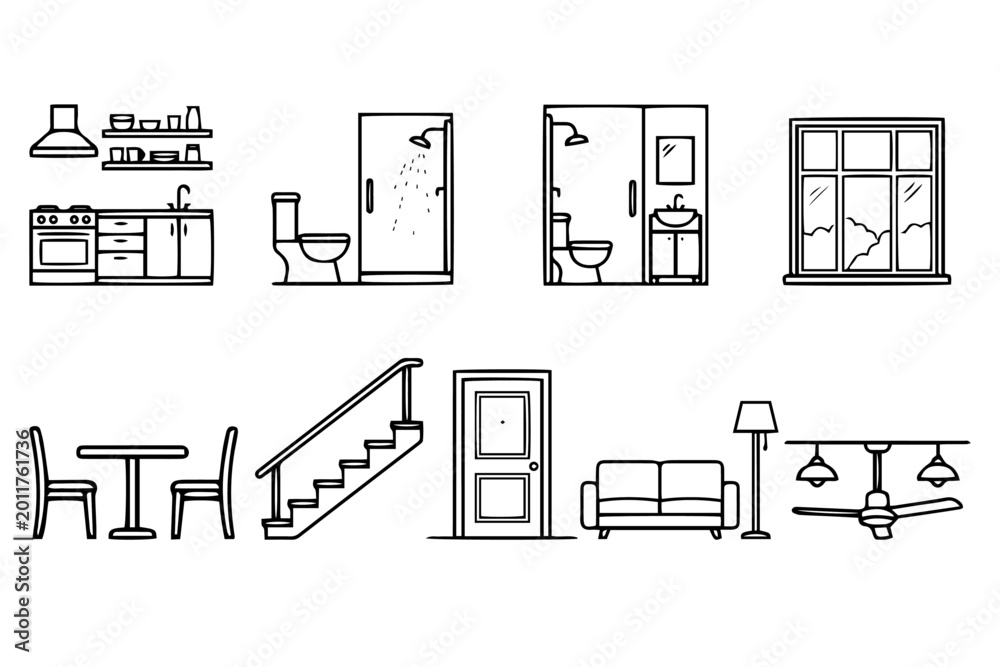Obraz premium Apartment Section Drawing Line Icon Set Vector Architecture Floor Plan Cross Section Interior Design Symbols