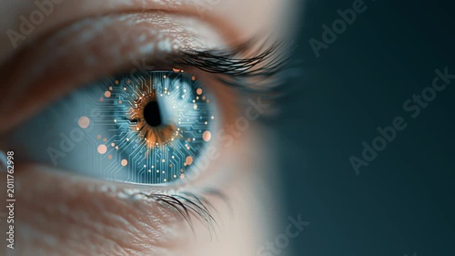 Close-up of a human eye with intricate digital patterns and glowing particles, showcasing the evolution of visual technology in a dark background setting