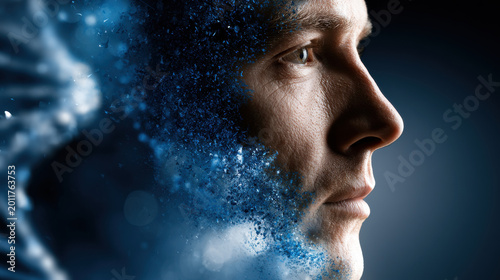 Double exposure face dna molecule particle profile technology science future innovation healthcare double exposure face merging with dna molecule particle profile symbolizing future science