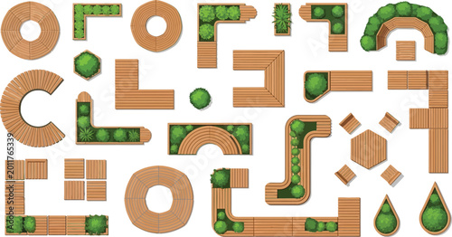 Top view landscape design elements set with wooden decking modules planters and outdoor furniture for garden site planning vector