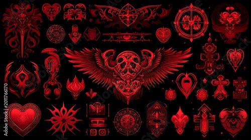 Assorted red gothic style decorative symbols and ornate on a dark black background