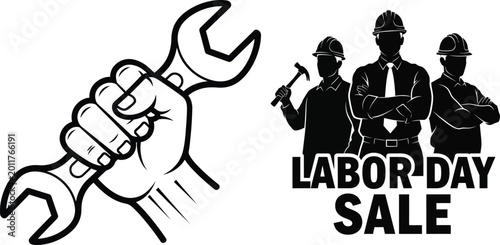 Fényképezés Labor day sale graphic with construction workers and wrench illustration
