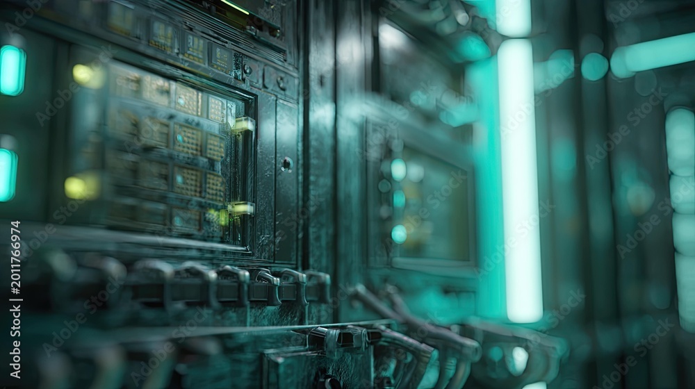 Fototapeta premium Abstract close up on a futuristic data server unit with glowing teal lights and complex circuitry, processing information in a high tech machine environment