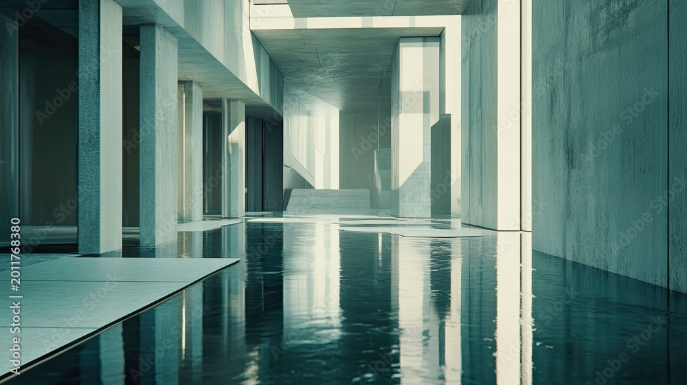 Fototapeta premium Modern concrete building interior featuring clean lines, pillars, and a serene water pool reflecting structural elements, creating a calm and contemplative atmosphere