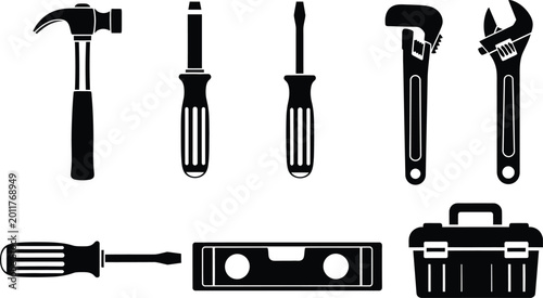Tableau sur toile Black silhouette icons of essential hand tools for home repair and construction