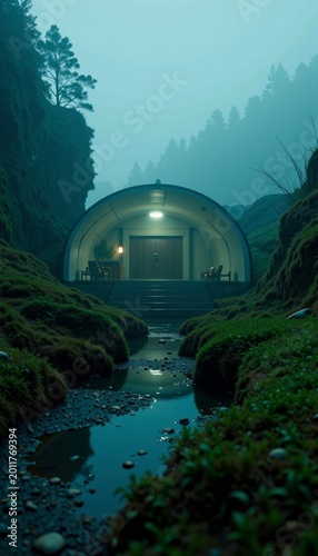Mystical Underground Bunker Entrance in Misty Forest Setting with Soft Light