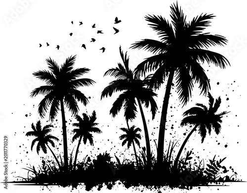 Black silhouette palm trees and flying birds white background, with splatter effect