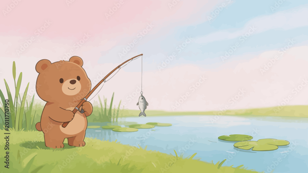 Fototapeta premium Cute bear fishing by pond
