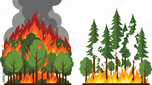 Konstfotografi Forest Fire Vector Set with Trees Engulfed in Flames, Smoke Rising, and Fire Spreading for Nature, Disaster, Environmental, and Emergency Illustrations