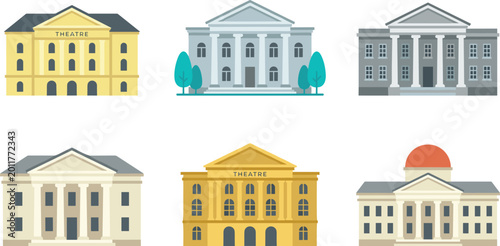 Obraz na płótnie Classical Building Vector Set with Theaters and Government-Style Buildings Featuring Columns, Pediments, and Domes for Architecture, Education, and Landmark Illustrations
