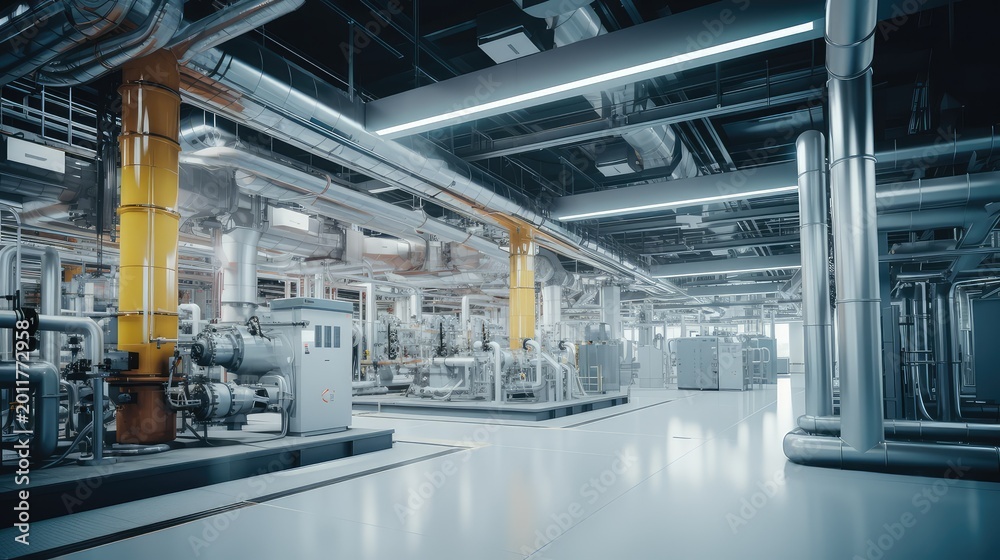 Obraz premium Industrial factory interior featuring extensive piping, complex machinery, and advanced equipment, representing modern manufacturing and production processes within a high tech facility