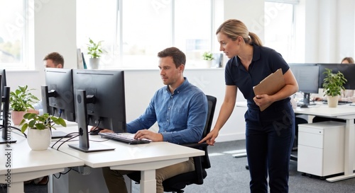 Office worker receiving ergonomic workstation assessment