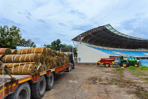 Tablou pe pânză Truck loaded with sod rolls parked at stadium for lawn landscaping and renovation for football field