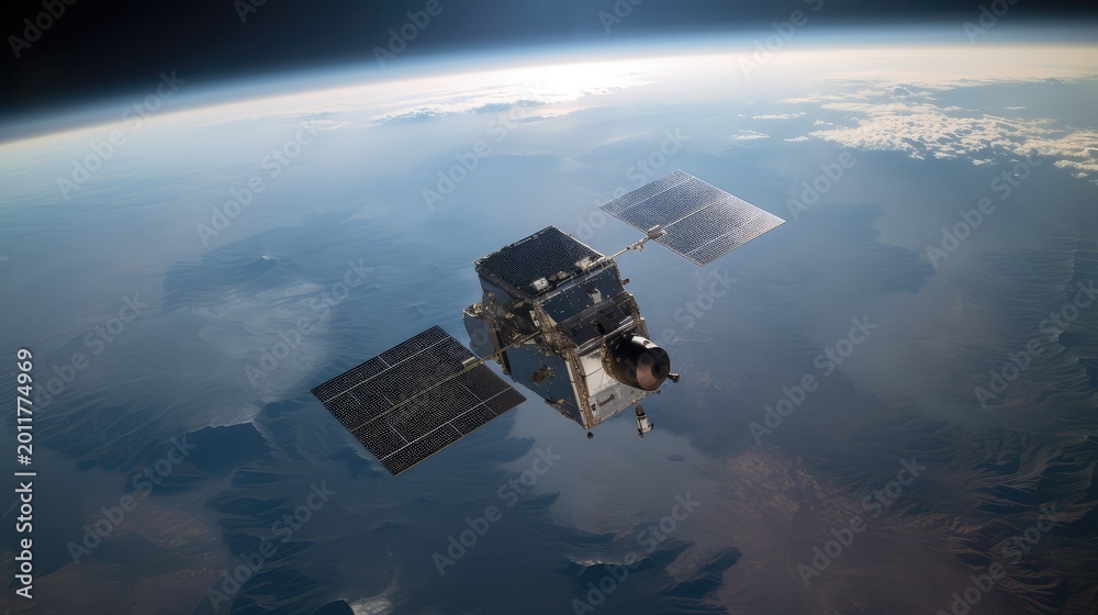 Fototapeta premium Satellite with solar panels in orbit above a continent, transmitting data signals and offering global telecommunications for information, science, and exploration