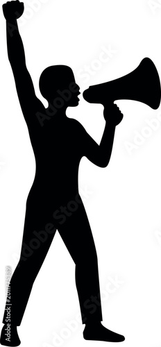 Hand Drawn Protester With Megaphone and Raised Fist Silhouette Activism Demonstration Freedom Concept.