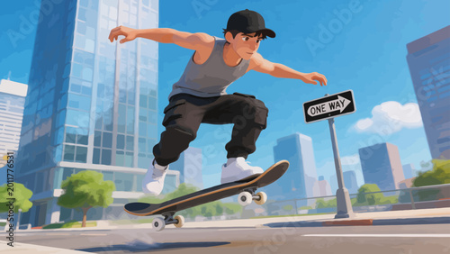 Foto Skateboarder performing trick in city