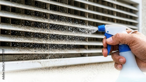 Cleaning air conditioner vents with spray bottle, ensuring effective airflow and dust reduction for optimal cooling performance.