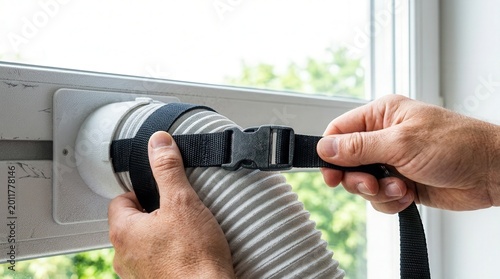 Installing air conditioner hose through window with person securely fastening strap. Efficient setup of air conditioner hose enhances cooling for home environment.