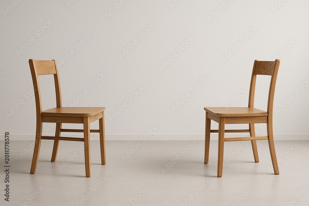 Obraz premium Two Wooden Chairs Facing Each Other in Minimal White Room with Empty Space