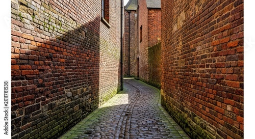 A narrow stone passage winds between tall aged brick buildings, featuring weathered textures, soft shadows, and a damp cobblestone ground, urban, mysterious, atmospheric