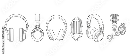 Headphones line art collection showing different angles, folding mechanics, and internal components exploded view for technical illustration, product design, engineering, and audio equipment branding