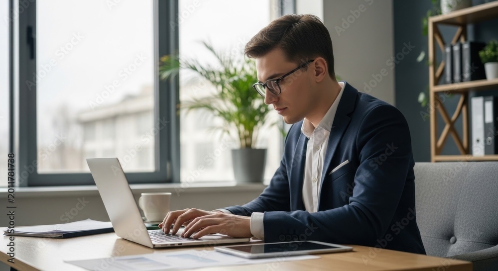 Obraz premium Man in suit typing on laptop in office