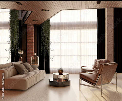 3d render of luxury home interior, living room